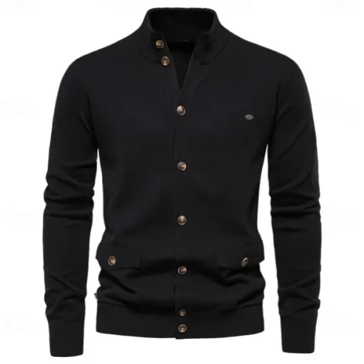 New Mens Knit Stand Mock Neck Cotton Cardigan Casual Social Autumn Button-up Sweater Jacket for Men