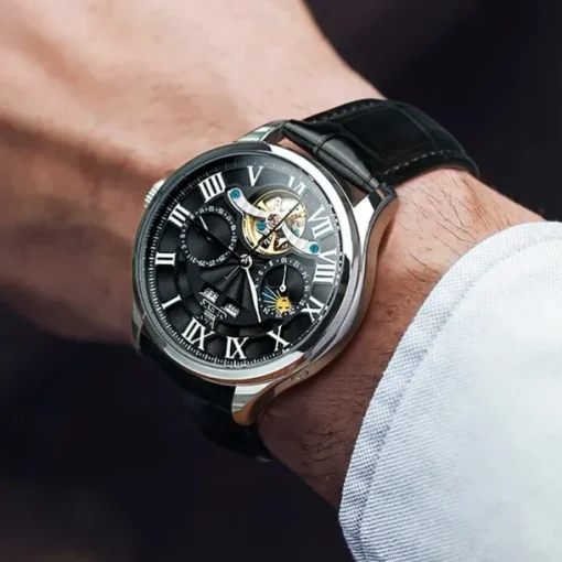 New Olevs Brand Men'S Business Stainless Steel Band Watch Moon Phase Double Calendar 24-Hour Indication Automatic Mechanical Watch Simple Leisure Sports Men'S Wristwatch