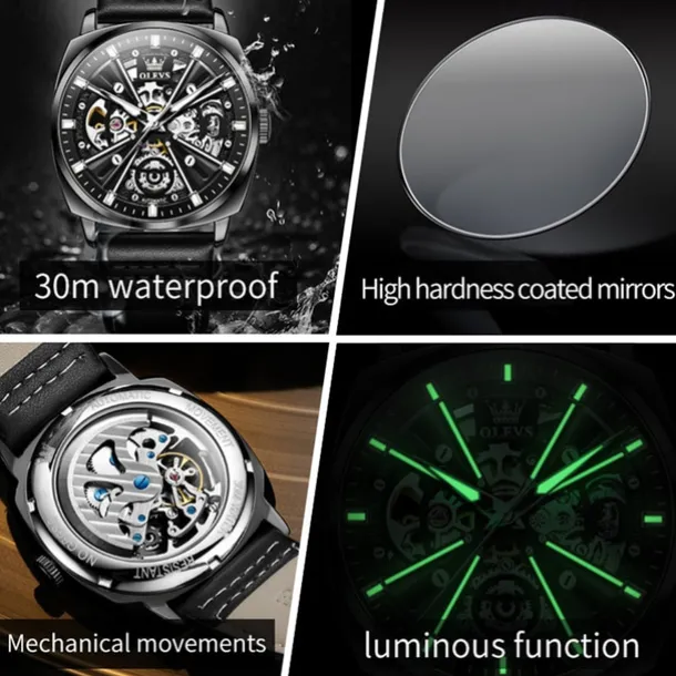 New Olevs Olevs Brand Men'S Watch Luminous Waterproof Skeleton Mechanical Watch Fashion Tonneau-Shaped Belt Men'S Sports Watch