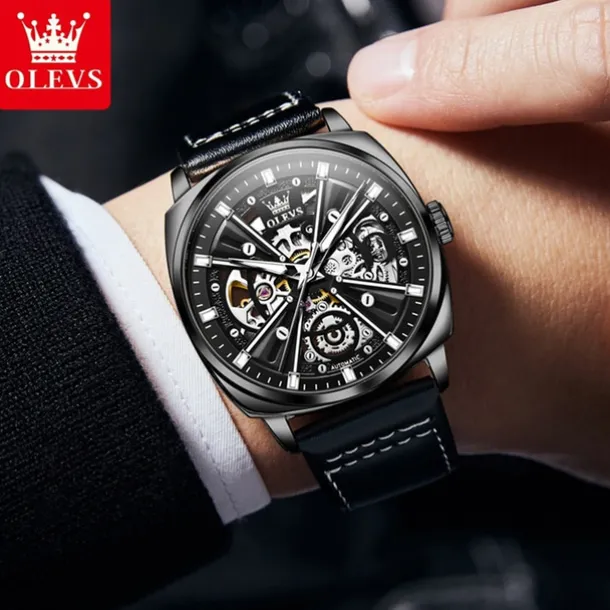 New Olevs Olevs Brand Men'S Watch Luminous Waterproof Skeleton Mechanical Watch Fashion Tonneau-Shaped Belt Men'S Sports Watch