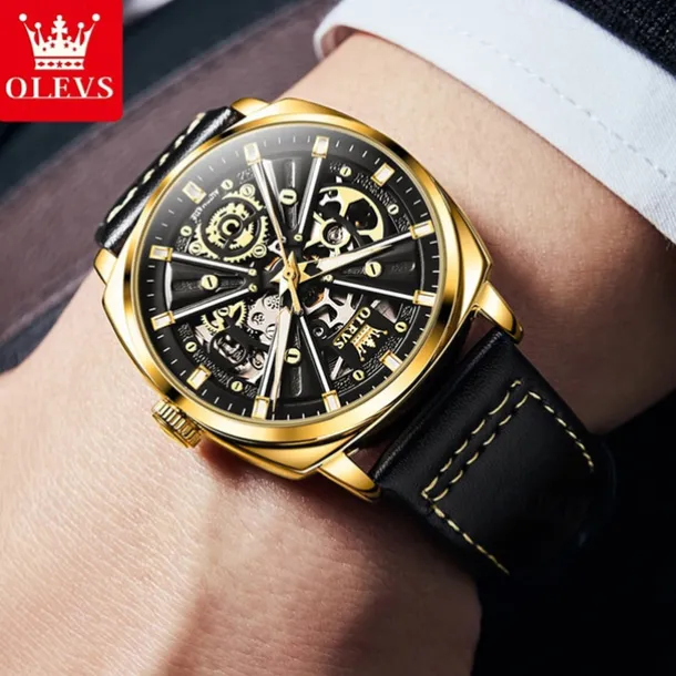New Olevs Olevs Brand Men'S Watch Luminous Waterproof Skeleton Mechanical Watch Fashion Tonneau-Shaped Belt Men'S Sports Watch