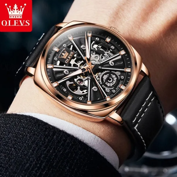 New Olevs Olevs Brand Men'S Watch Luminous Waterproof Skeleton Mechanical Watch Fashion Tonneau-Shaped Belt Men'S Sports Watch