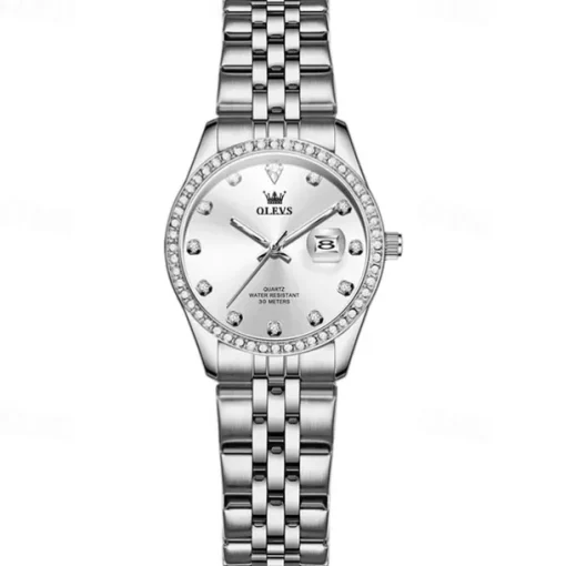 New Olevs Olevs Brand Women'S Trend Fashion Steel Belt Watch Calendar Luminous With Diamonds Simple Leisure Quartz Watch Waterproof Sports Versatile Wristwatch