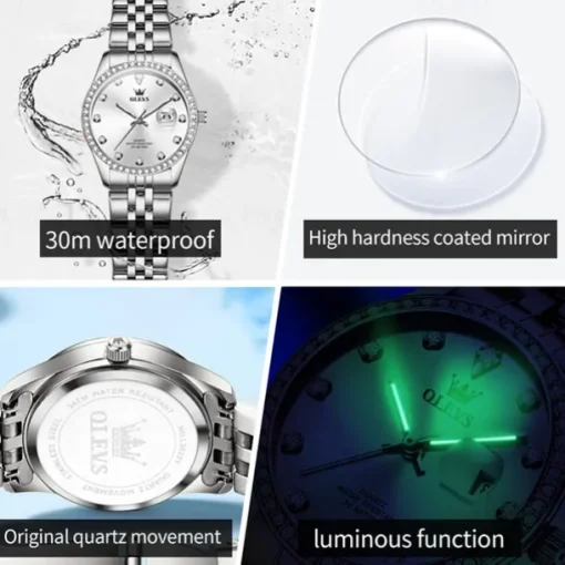 New Olevs Olevs Brand Women'S Trend Fashion Steel Belt Watch Calendar Luminous With Diamonds Simple Leisure Quartz Watch Waterproof Sports Versatile Wristwatch