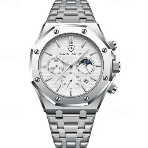 New Steel Belt Calendar Luminous Three-Eye Six-Hand Multifunction Moon Phase Multi-Function Men'S Business Watch Simple Waterproof Casual Sports Watch