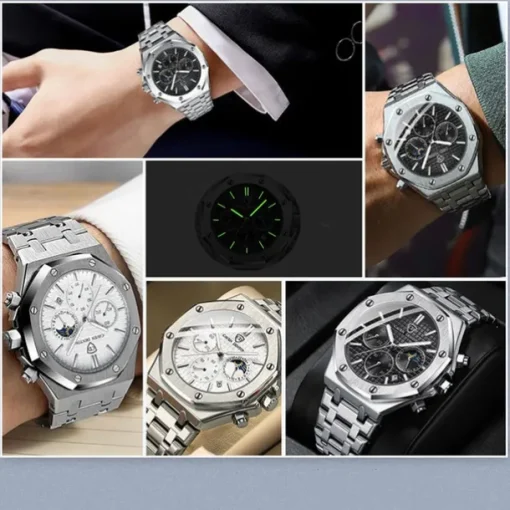 New Steel Belt Calendar Luminous Three-Eye Six-Hand Multifunction Moon Phase Multi-Function Men'S Business Watch Simple Waterproof Casual Sports Watch