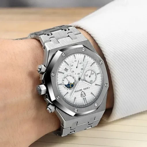 New Steel Belt Calendar Luminous Three-Eye Six-Hand Multifunction Moon Phase Multi-Function Men'S Business Watch Simple Waterproof Casual Sports Watch