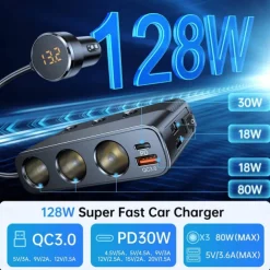 New 127w 7-in-1 Car Charger Splitter PD30w QC3.0 cigarette Lighter Adapter Car Cigarette Lighter Socket Splitter with Switch