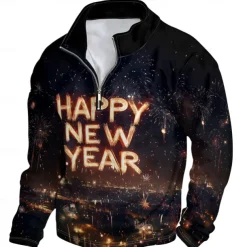 New Year Men's Graphic Happy New Year Hoodies Daily Casual Long Sleeve Stand Collar Vacation New Year Going out Black Print Winter Spring & Fall Designer