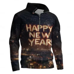 New Year Men's Graphic Happy New Year Hoodies Daily Casual Long Sleeve Stand Collar Vacation New Year Going out Black Print Winter Spring & Fall Designer
