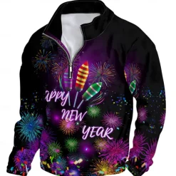 New Year Men's Graphic Happy New Year Hoodies Daily Casual Long Sleeve Stand Collar Vacation Going out Streetwear Black Print Spring & Fall Designer