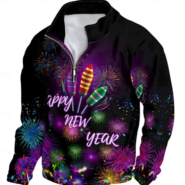 New Year Men's Graphic Happy New Year Hoodies Daily Casual Long Sleeve Stand Collar Vacation Going out Streetwear Black Print Spring & Fall Designer