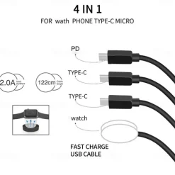 Newest 1.2m New Arrival 3 In 1 Mobile Phone Fast Charge Cable Customized Different Colors 4 in 1 watch & phone charger cable