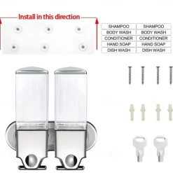 No-Drill Wall Mounted soap Dispenser for Bathroom and Kitchen, Shampoo and Conditioner Dispenser Drill Free with Adhesive