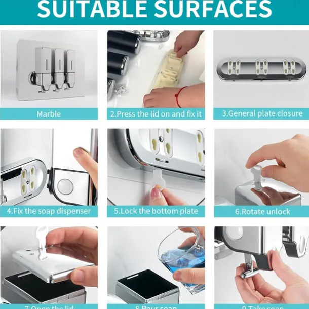 No-Drill Wall Mounted soap Dispenser for Bathroom and Kitchen, Shampoo and Conditioner Dispenser Drill Free with Adhesive