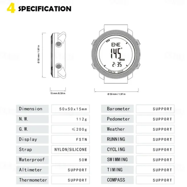 NORTH EDGE Apache Men Digital Watches Waterproof 50M Running Swimming Men Tactical Sport Watch Outdoor Sports Survival Military Watches for Men, Compass, Pedometer Calories