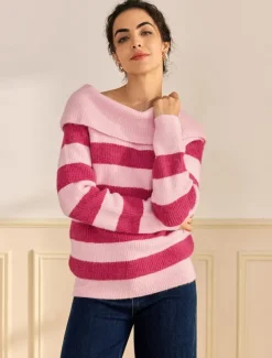 Off Shoulder Ribbed Knit Wool Blend Fall / Winter Causal Rose Red Sweater