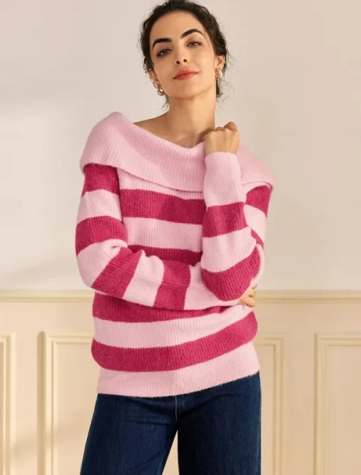 Off Shoulder Ribbed Knit Wool Blend Fall / Winter Causal Rose Red Sweater
