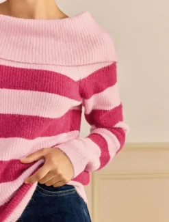 Off Shoulder Ribbed Knit Wool Blend Fall / Winter Causal Rose Red Sweater