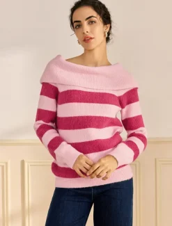 Off Shoulder Ribbed Knit Wool Blend Fall / Winter Causal Rose Red Sweater
