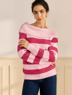 Off Shoulder Ribbed Knit Wool Blend Fall / Winter Causal Rose Red Sweater
