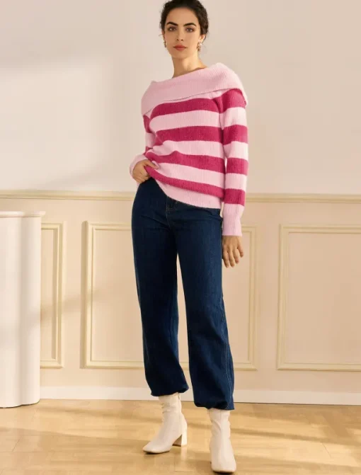 Off Shoulder Ribbed Knit Wool Blend Fall / Winter Causal Rose Red Sweater