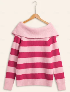 Off Shoulder Ribbed Knit Wool Blend Fall / Winter Causal Rose Red Sweater
