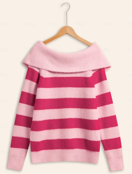Off Shoulder Ribbed Knit Wool Blend Fall / Winter Causal Rose Red Sweater