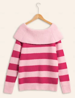 Off Shoulder Ribbed Knit Wool Blend Fall / Winter Causal Rose Red Sweater