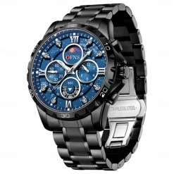 OFNS Men Quartz Watch Sports Fashion Casual Wristwatch Moon phase Luminous Chronograph Waterproof Steel Watch
