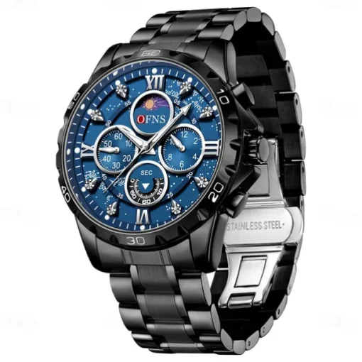 OFNS Men Quartz Watch Sports Fashion Casual Wristwatch Moon phase Luminous Chronograph Waterproof Steel Watch