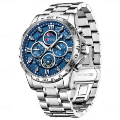 OFNS Men Quartz Watch Sports Fashion Casual Wristwatch Moon phase Luminous Chronograph Waterproof Steel Watch