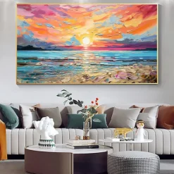 Oil painting Hand painted Impressionist Seaside Sunset Oil Painting On Canvas Modern Seascape Painting Abstract Colorful landscape painting Wall Art painting for Living room Home Decor