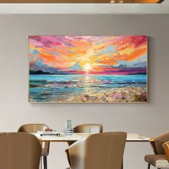 Oil painting Hand painted Impressionist Seaside Sunset Oil Painting On Canvas Modern Seascape Painting Abstract Colorful landscape painting Wall Art painting for Living room Home Decor
