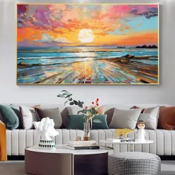 Oil painting Hand painted Impressionist Seaside Sunset Oil Painting On Canvas Modern Seascape Painting Abstract Colorful landscape painting Wall Art painting for Living room Home Decor