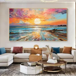 Oil painting Hand painted Impressionist Seaside Sunset Oil Painting On Canvas Modern Seascape Painting Abstract Colorful landscape painting Wall Art painting for Living room Home Decor