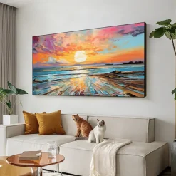 Oil painting Hand painted Impressionist Seaside Sunset Oil Painting On Canvas Modern Seascape Painting Abstract Colorful landscape painting Wall Art painting for Living room Home Decor