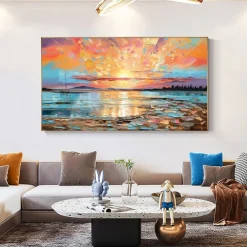 Oil painting Hand painted Impressionist Seaside Sunset Oil Painting On Canvas Modern Seascape Painting Abstract Colorful landscape painting Wall Art painting for Living room Home Decor