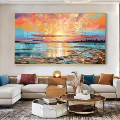 Oil painting Hand painted Impressionist Seaside Sunset Oil Painting On Canvas Modern Seascape Painting Abstract Colorful landscape painting Wall Art painting for Living room Home Decor