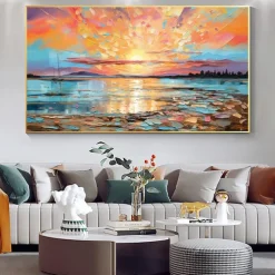 Oil painting Hand painted Impressionist Seaside Sunset Oil Painting On Canvas Modern Seascape Painting Abstract Colorful landscape painting Wall Art painting for Living room Home Decor