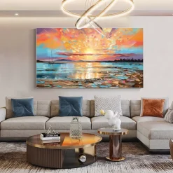 Oil painting Hand painted Impressionist Seaside Sunset Oil Painting On Canvas Modern Seascape Painting Abstract Colorful landscape painting Wall Art painting for Living room Home Decor