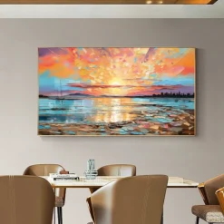 Oil painting Hand painted Impressionist Seaside Sunset Oil Painting On Canvas Modern Seascape Painting Abstract Colorful landscape painting Wall Art painting for Living room Home Decor