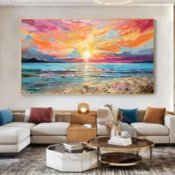 Oil painting Hand painted Impressionist Seaside Sunset Oil Painting On Canvas Modern Seascape Painting Abstract Colorful landscape painting Wall Art painting for Living room Home Decor