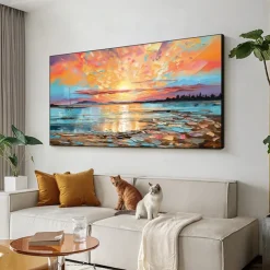 Oil painting Hand painted Impressionist Seaside Sunset Oil Painting On Canvas Modern Seascape Painting Abstract Colorful landscape painting Wall Art painting for Living room Home Decor