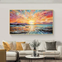 Oil painting Hand painted Impressionist Seaside Sunset Oil Painting On Canvas Modern Seascape Painting Abstract Colorful landscape painting Wall Art painting for Living room Home Decor