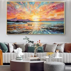 Oil painting Hand painted Impressionist Seaside Sunset Oil Painting On Canvas Modern Seascape Painting Abstract Colorful landscape painting Wall Art painting for Living room Home Decor