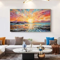 Oil painting Hand painted Impressionist Seaside Sunset Oil Painting On Canvas Modern Seascape Painting Abstract Colorful landscape painting Wall Art painting for Living room Home Decor