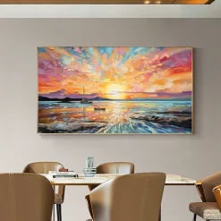 Oil painting Hand painted Impressionist Seaside Sunset Oil Painting On Canvas Modern Seascape Painting Abstract Colorful landscape painting Wall Art painting for Living room Home Decor