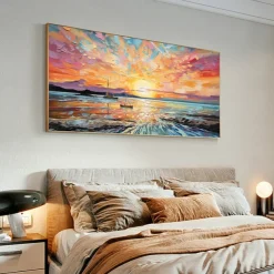 Oil painting Hand painted Impressionist Seaside Sunset Oil Painting On Canvas Modern Seascape Painting Abstract Colorful landscape painting Wall Art painting for Living room Home Decor