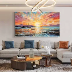 Oil painting Hand painted Impressionist Seaside Sunset Oil Painting On Canvas Modern Seascape Painting Abstract Colorful landscape painting Wall Art painting for Living room Home Decor